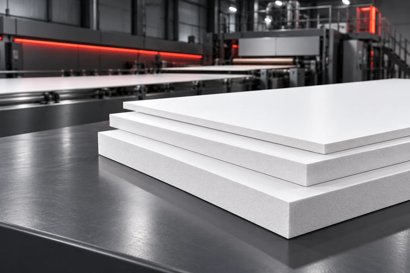 White PVC foam boards on a production line in Turkey