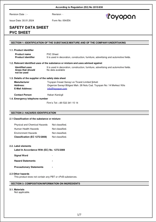 Safety Data Sheet (MSDS) — PVC Foam Sheet