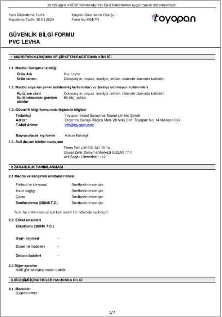 Güvenlik Bilgi Formu (MSDS) — PVC Levha